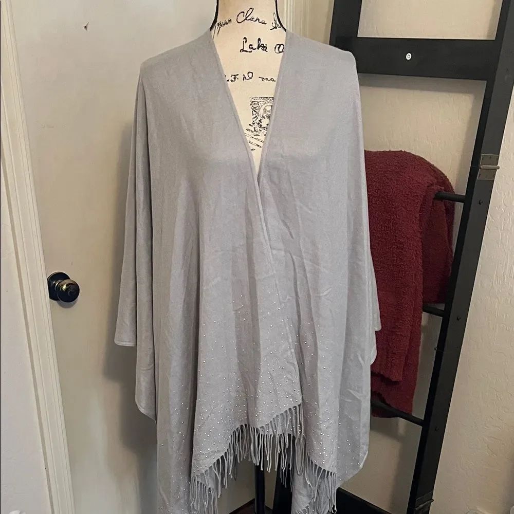 Adrienne Vittadini Gray Embellished Fringe Wrap Shawl Scarf Boho Modern NWT